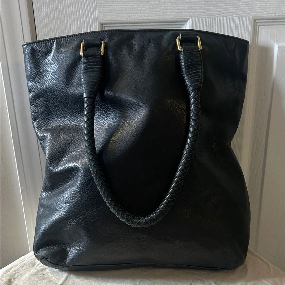 Margot Classic Black Leather Tote Handbag with Braided Handles - Picture 1 of 5